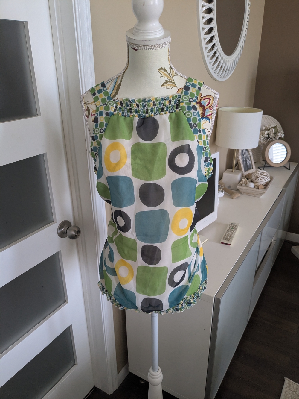 Smocked Square-Neck Geometric Camisole in Green & Blue